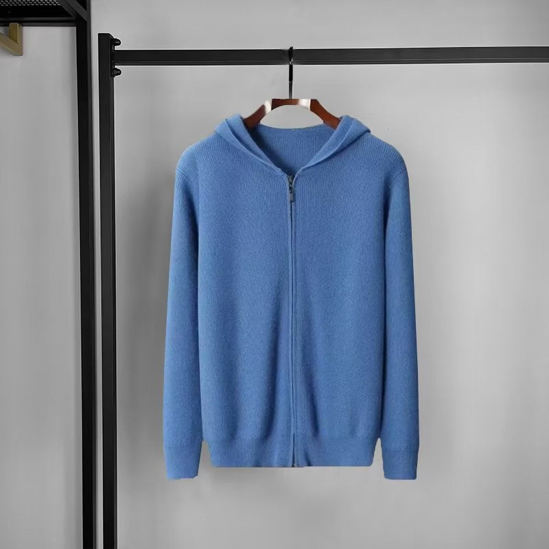Cashmere hoodie men's cardigan loose knit wool sweater with cap thin hooded sweater zipper top