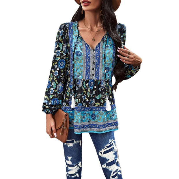 European and American women's spring and summer temperament casual printed V-neck long sleeved top