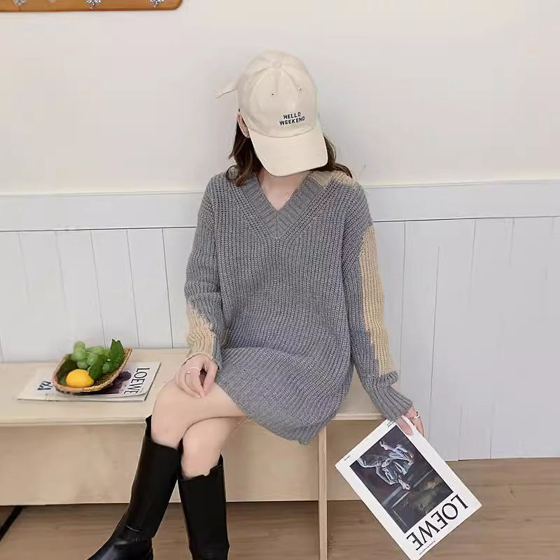 Soft and sticky V-neck sweater for women, loose and lazy style, sweet temperament, knitted dress trend
