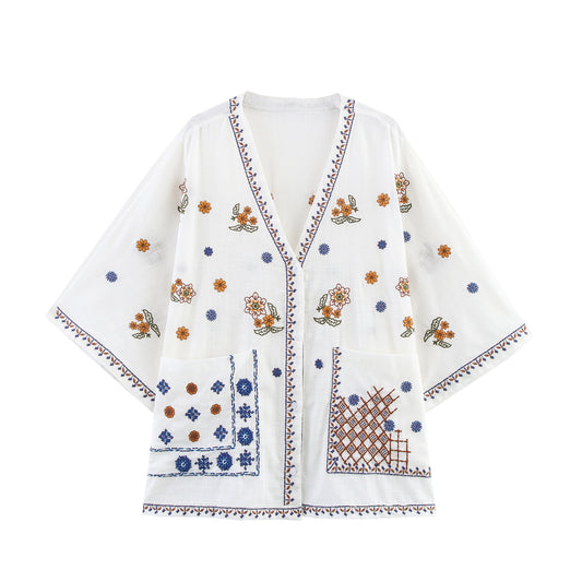 Women's Fashion Elegant V-neck Embroidered Long-sleeved Shirt