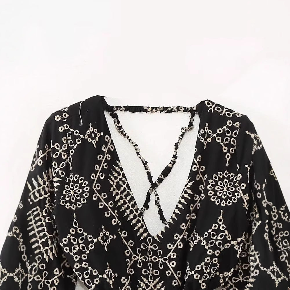 V-neck opening design embroidered MIDI long dress for women
