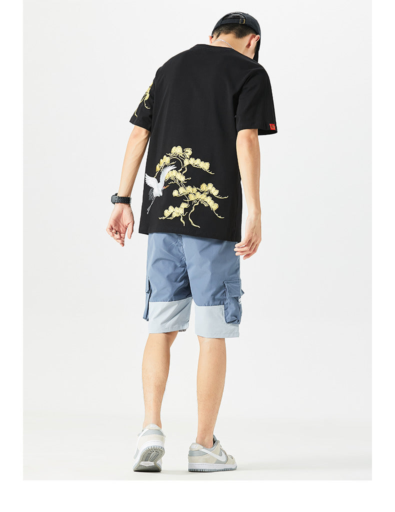 Chinoiserie Heavy Industry Embroidery Songhe China Chic Cotton Casual Loose Size Couple Short Sleeve T shirt Male