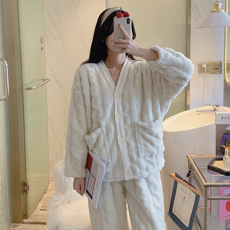 Autumn/winter Season High-end Coral Fleece Pajama Set Women's Long Sleeve Loose-fit Thickened Warm Suit