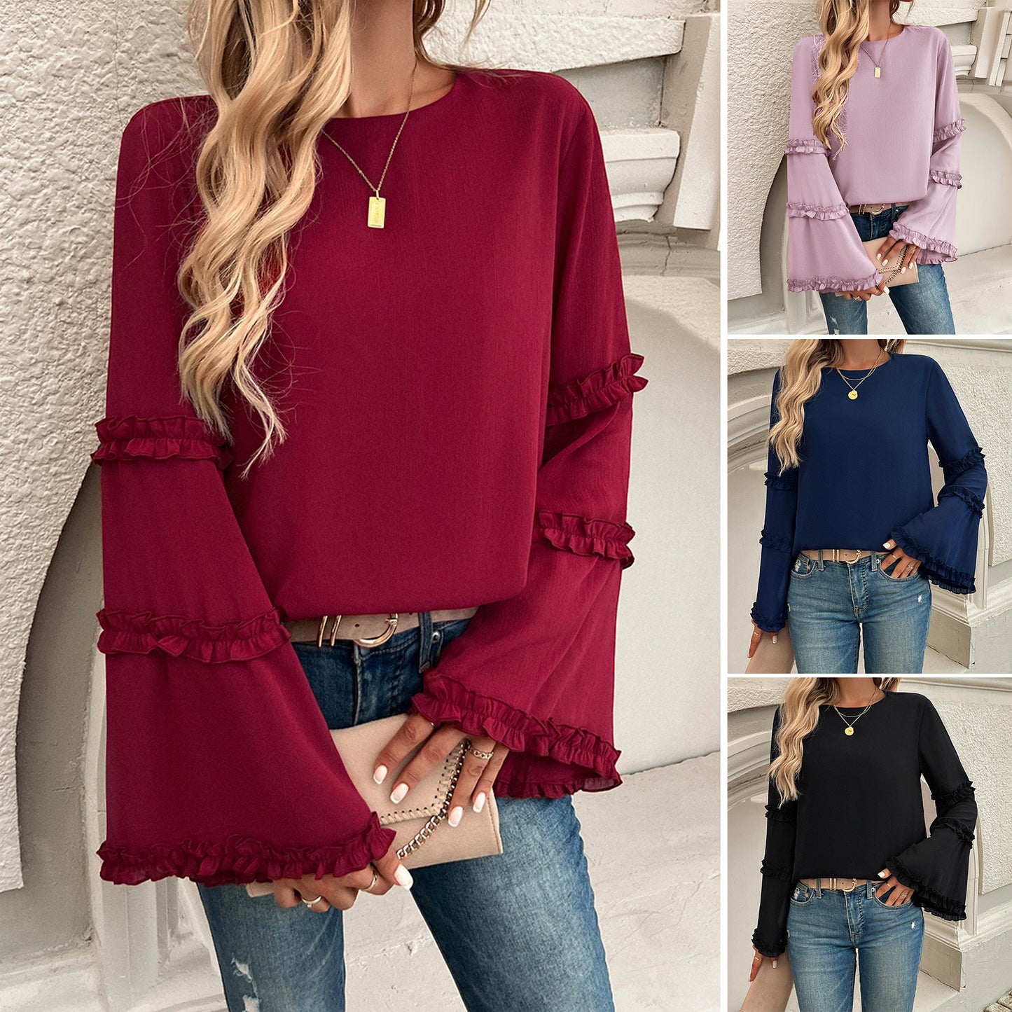 Autumn and winter new style European and American elegant socialite loose trumpet long sleeved top women's clothing