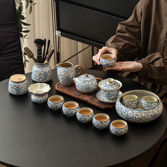 Kung Fu Tea Set- Blue & White,  – Porcelain Lotus Teapot with Lid Bowl & 80ml Cups