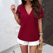 European and American Lady's T spring/summer temperament solid color V-neck jacquard top