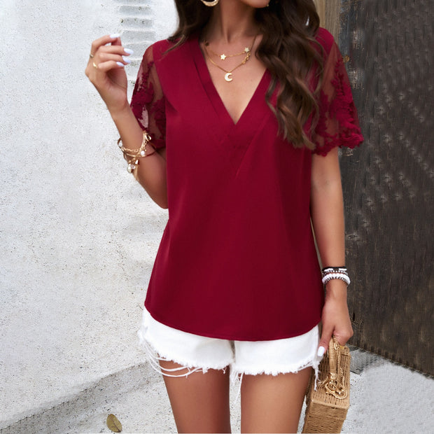 European and American Lady's T spring/summer temperament solid color V-neck jacquard top