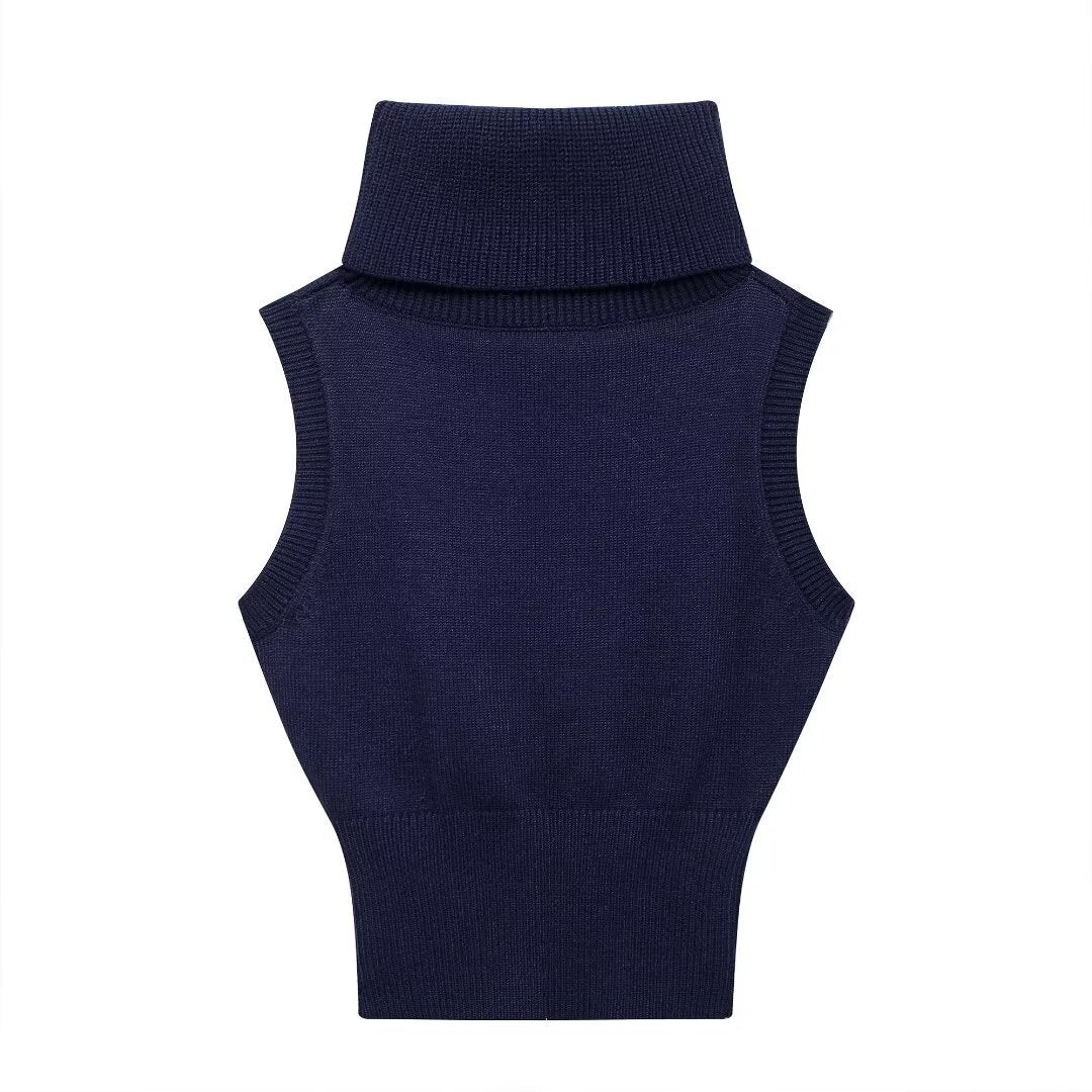Autumn new fashion high neck sleeveless solid color slim fit short knitted vest for women