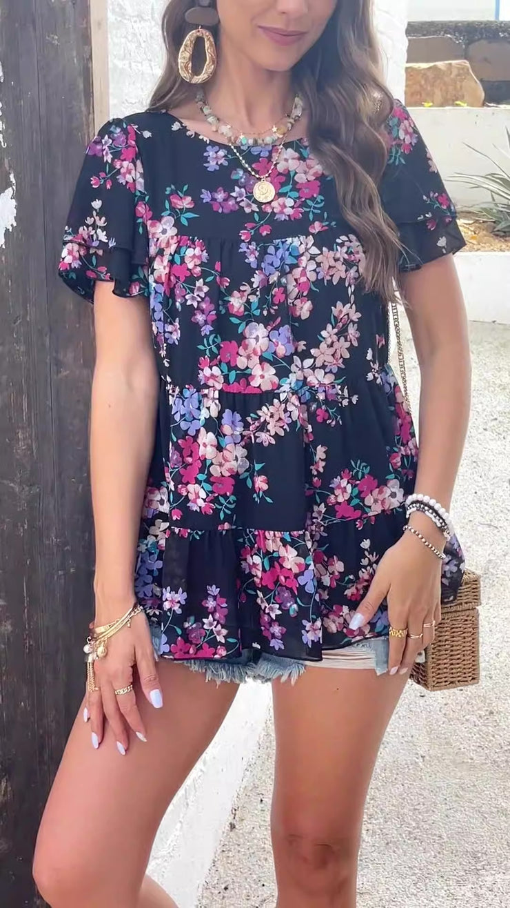 Spring and summer temperament casual printed short sleeved top