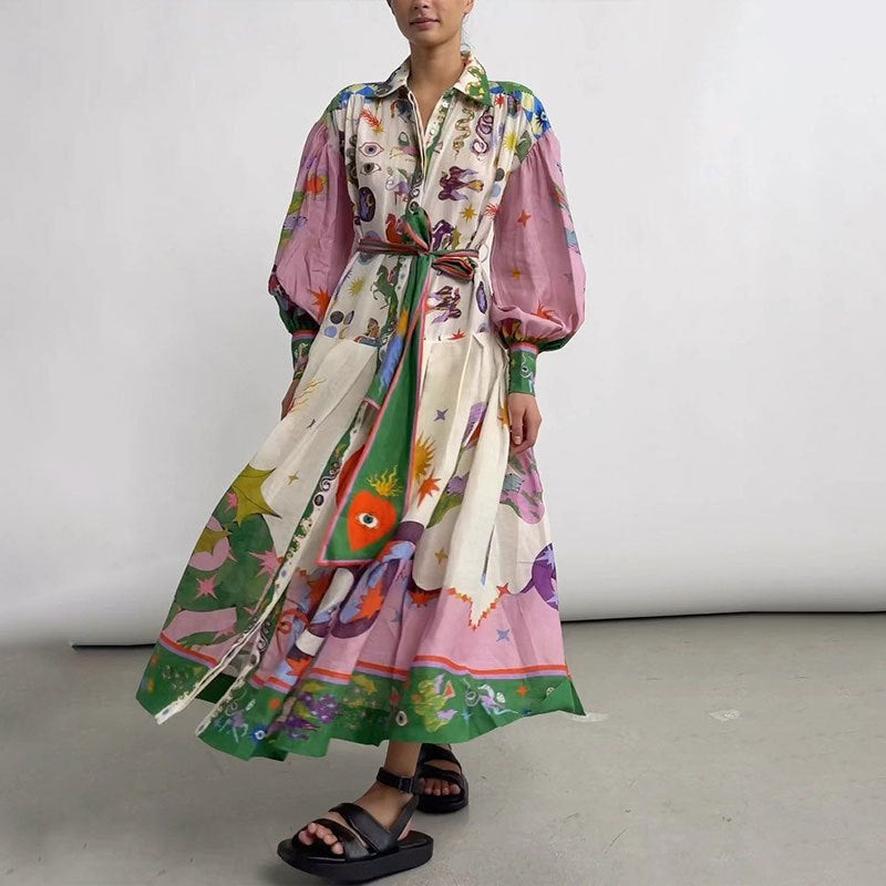 Lantern sleeve printed long sleeved dress with a lapel and waist cinched design