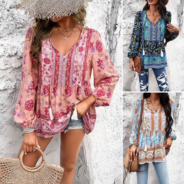 European and American women's spring and summer temperament casual printed V-neck long sleeved top