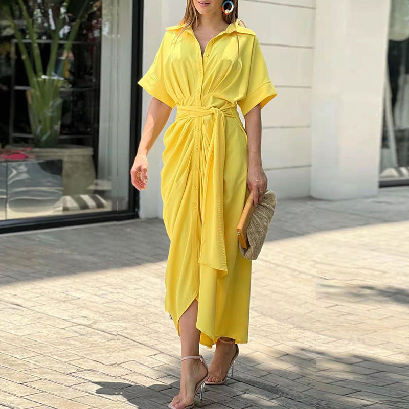 Anitrendy Floral Print Short-Sleeve Belted Shirt Dress – Elegant High-Waist Midi Dress for Women, Single-Breasted Design, S–3XL