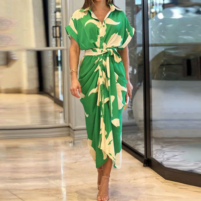 Anitrendy Floral Print Short-Sleeve Belted Shirt Dress – Elegant High-Waist Midi Dress for Women, Single-Breasted Design, S–3XL