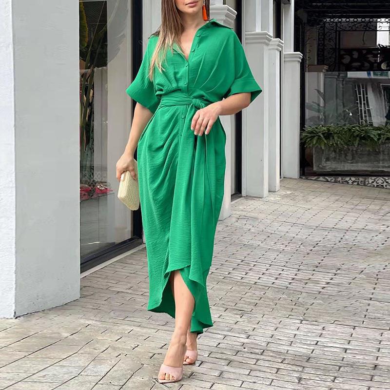 Anitrendy Floral Print Short-Sleeve Belted Shirt Dress – Elegant High-Waist Midi Dress for Women, Single-Breasted Design, S–3XL