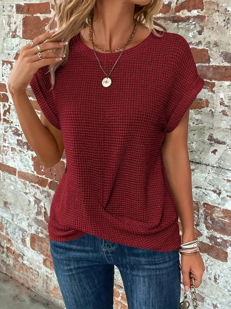 Solid Color Round Neck T-Shirt with Elegant Short Twisted Hem for Spring and Summer Women's Wear