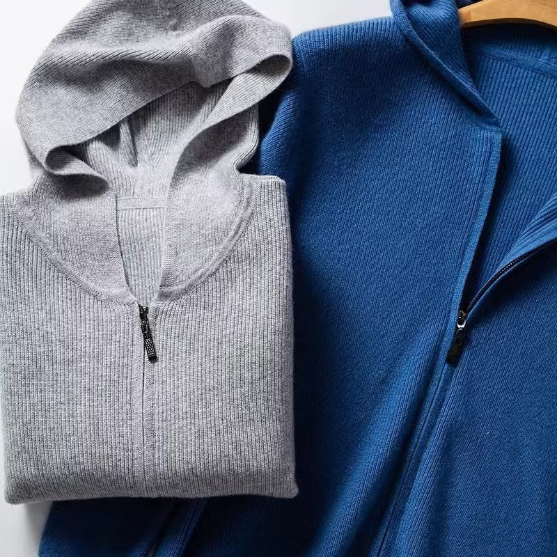 Cashmere hoodie men's cardigan loose knit wool sweater with cap thin hooded sweater zipper top