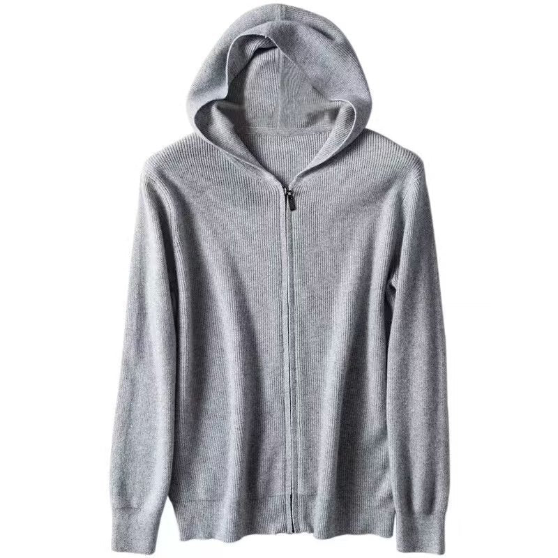Cashmere hoodie men's cardigan loose knit wool sweater with cap thin hooded sweater zipper top