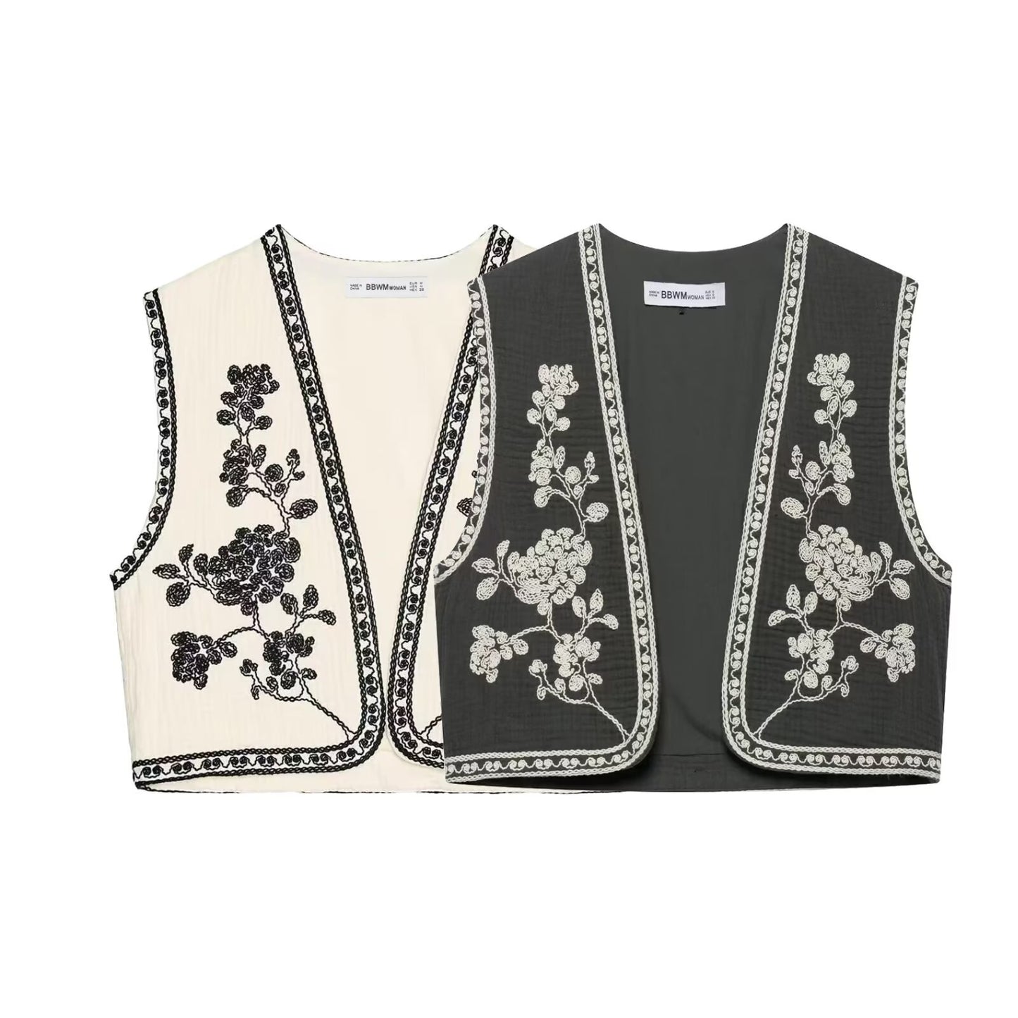 Embroidered buttonless vest jacket for women