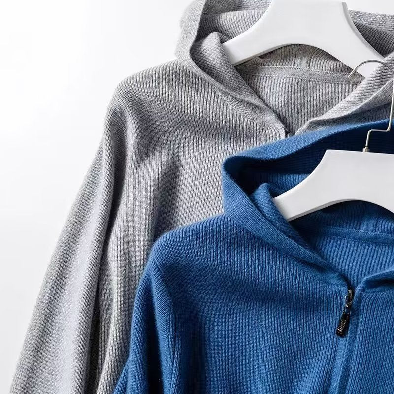 Cashmere hoodie men's cardigan loose knit wool sweater with cap thin hooded sweater zipper top