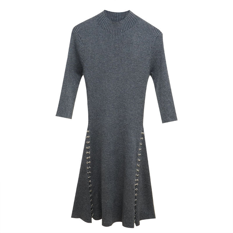 Slimming and slimming slit dress, feminine temperament, metal decoration, niche skirt