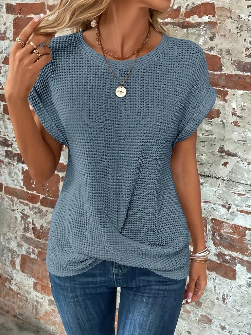 Solid Color Round Neck T-Shirt with Elegant Short Twisted Hem for Spring and Summer Women's Wear