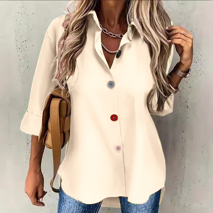 Anitrendy Women’s Solid Color Long Sleeve Button-Up Shirt – Elegant Casual Top with Multicolor Buttons