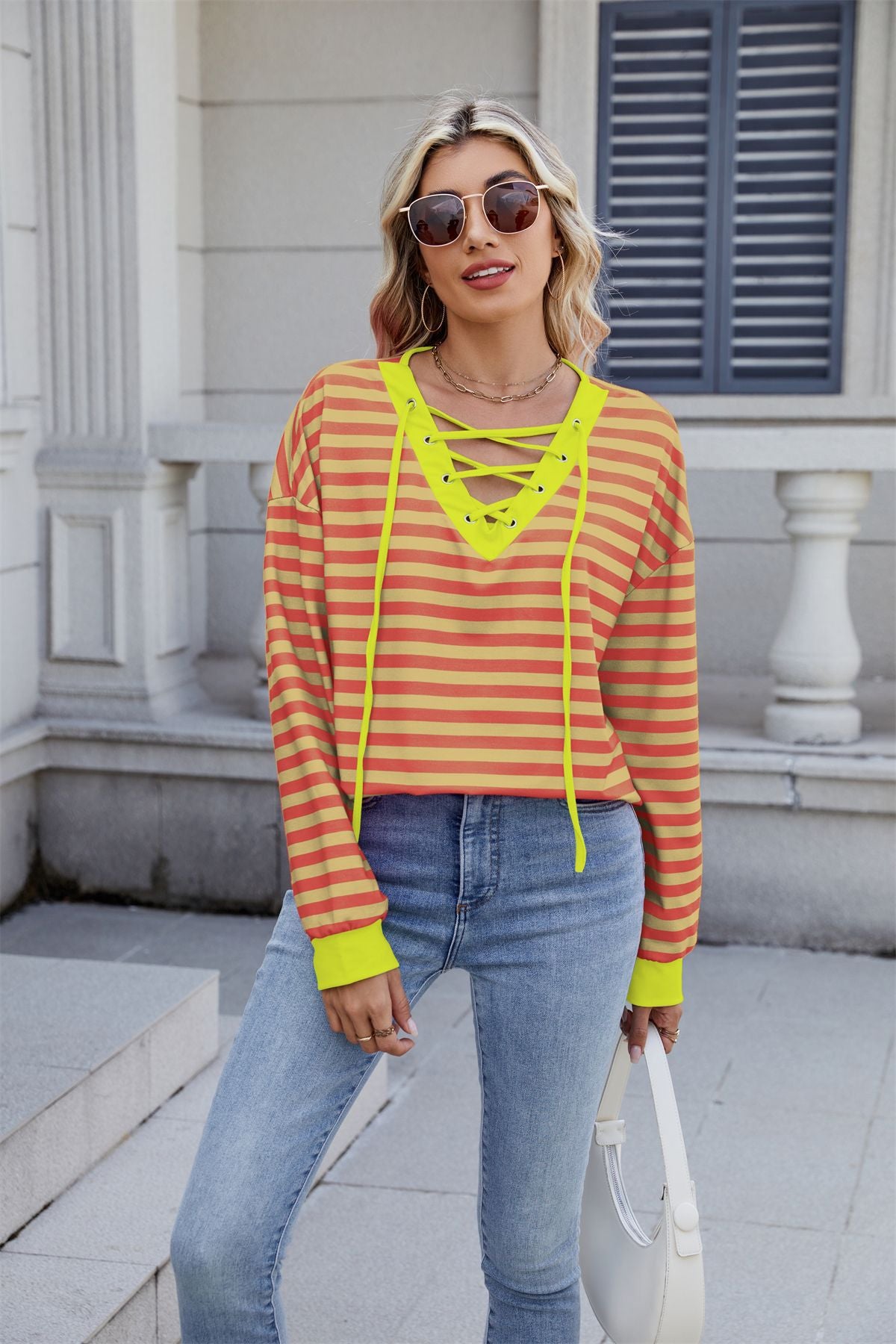 Anitrendy Women’s Striped V-Neck Long-Sleeve Hoodie with Belt Detail – Casual Fashion Pullover for All Seasons, Sizes S–2XL