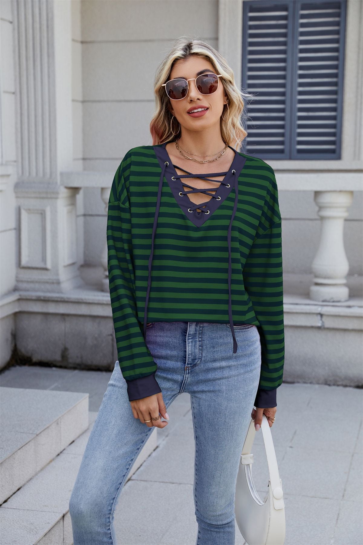 Anitrendy Women’s Striped V-Neck Long-Sleeve Hoodie with Belt Detail – Casual Fashion Pullover for All Seasons, Sizes S–2XL