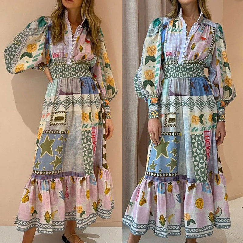 Anitrendy Colorful Printed Long-Sleeve Maxi Dress with Waist Cinching Design – Elegant Office & Summer Wear for Women, S–3XL