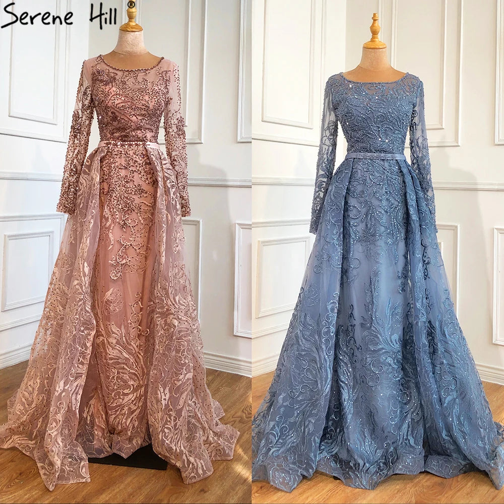Serene Hill Muslim Blue Lace Beaded Luxury Evening Dresses Gowns O-Neck Mermaid Elegant 2025 For Women Party Plus Size LA70834