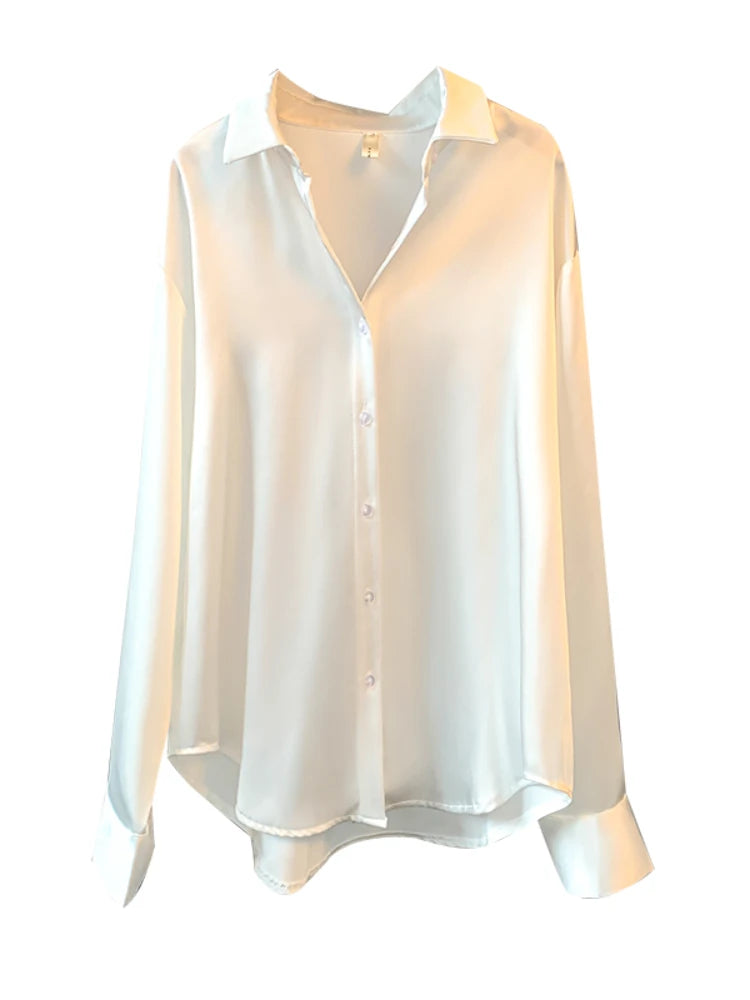 Office Lady Satin Blouse – Women’s Long Sleeve Elegant Shirt, Korean Designer Style UK