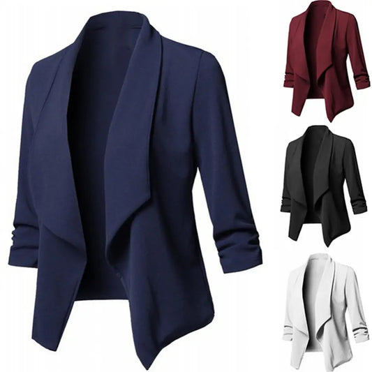 Oversize Cardigan Open Front – Solid Color Long Sleeve Slim Fit Office Lady Coat, S to 5XL