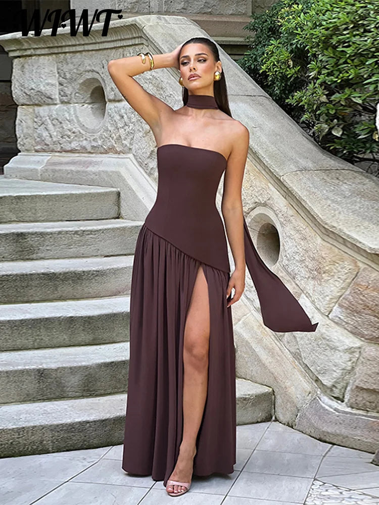 Fashion Patchwork Split Strapless Dress Women's Elegant Sleeveless Backless Long Dress 2025 Summer New Lady Evening Party Robes