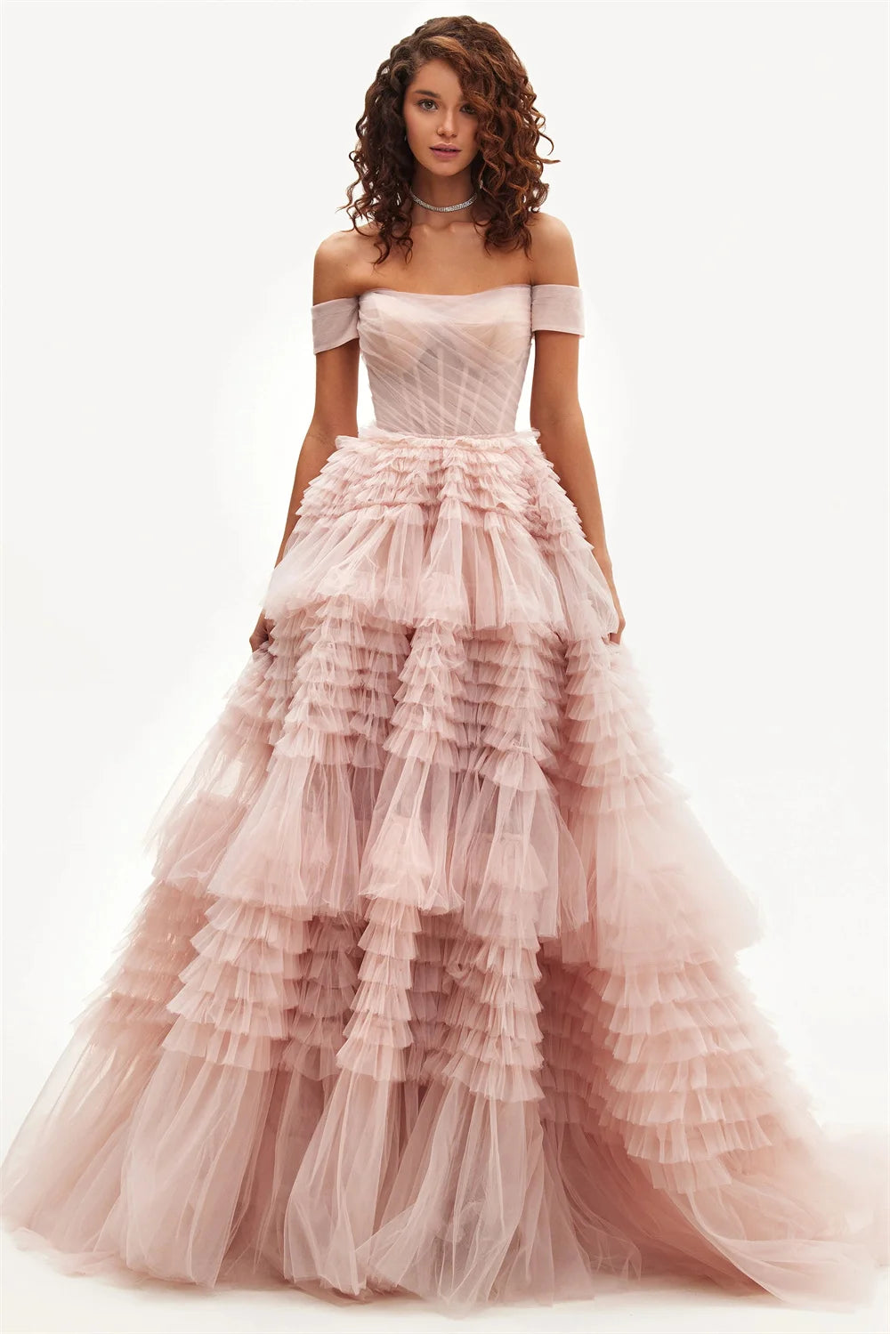 Off-the-shoulder Layered Prom Dresses فساتين السهرة Pink Tulle Ruffle Formal Occasion Party Dress Vestidos De Noche Customized