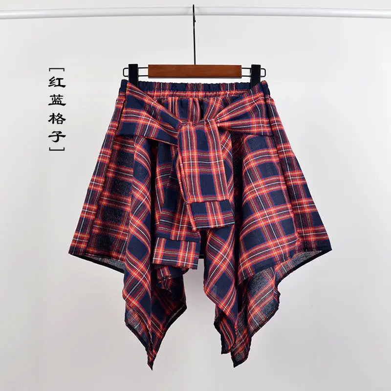 Women Plaid Mini Skirt – Summer Retro Bow Knot Elastic Waist Irregular Short Skirt Blue White