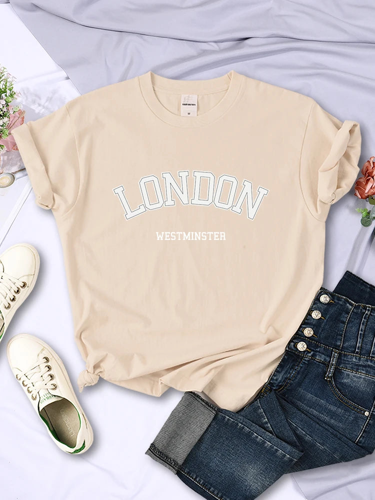 London Westminster Street Letter Tshirt Women Summer Breathable Crop Top Casual Sport Tee Clothes Sweat Cool Soft T-Shirt Female