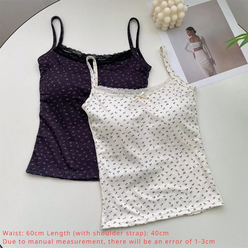 Summer Print Crop Tops for Women – Bow Lace Camisole, Sexy Backless Tank Top Y2K Streetwear