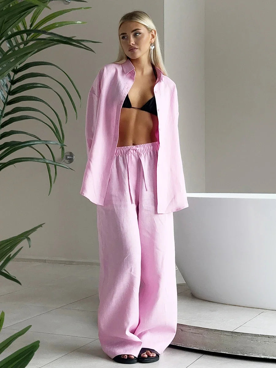Cotton Linen Shirt Pants Set – Women’s Casual Loose Fit Suit Anitrendy UK Spring 2025