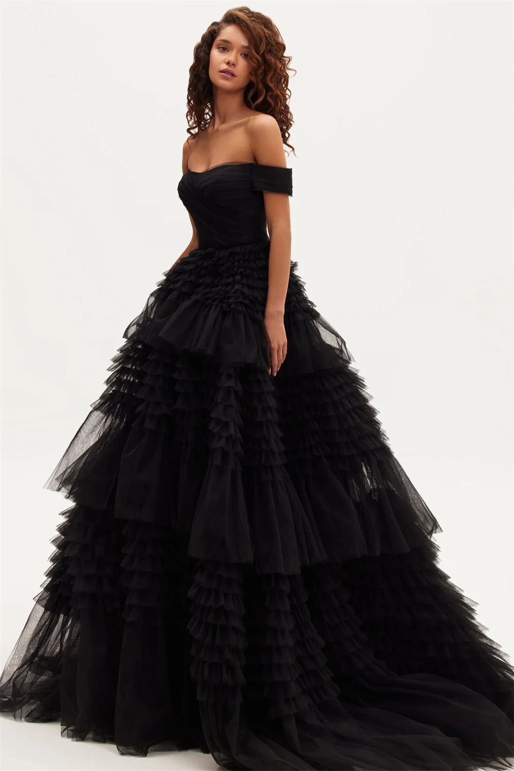 Off-the-shoulder Layered Prom Dresses فساتين السهرة Pink Tulle Ruffle Formal Occasion Party Dress Vestidos De Noche Customized