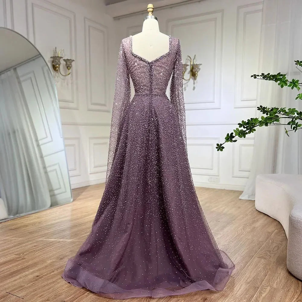 SERENE HILL Customized Arabic Purple Luxury Beaded A-Line Evening Dress 2025 Cape Sleeves Women Wedding Party Gown CLA72147A
