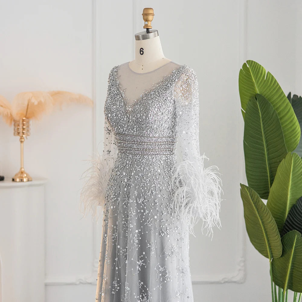 Sharon Said Champagne Feather Long Sleeve Evening Dress Luxury Dubai Beads Muslim Plus Size Women Wedding Dress SS101 Customized