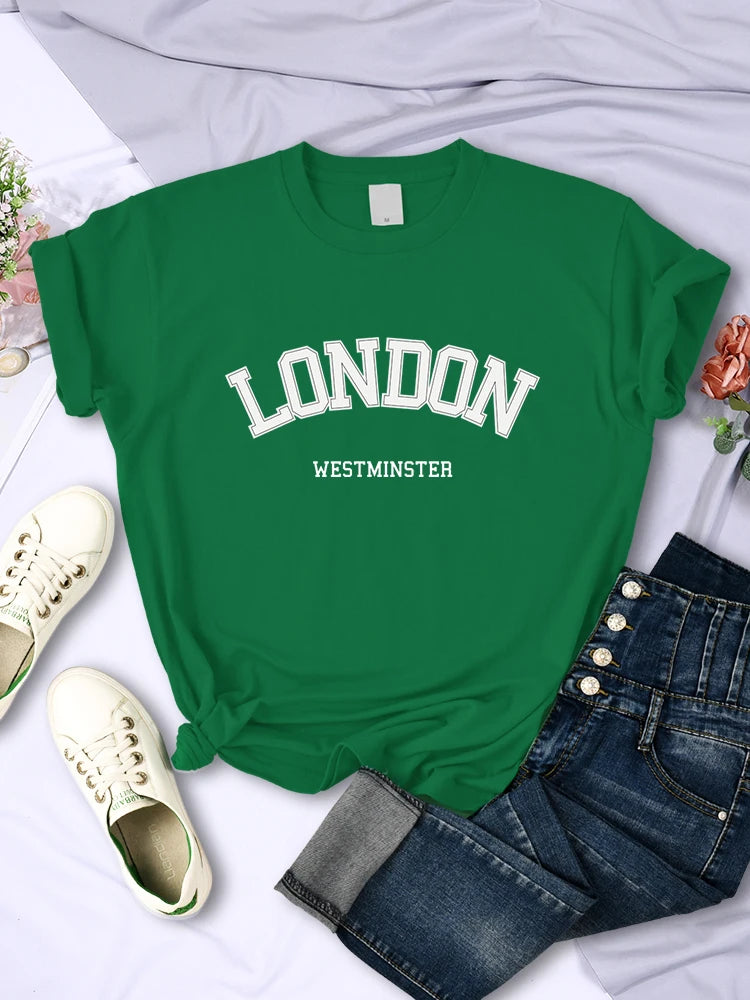 London Westminster Street Letter Tshirt Women Summer Breathable Crop Top Casual Sport Tee Clothes Sweat Cool Soft T-Shirt Female