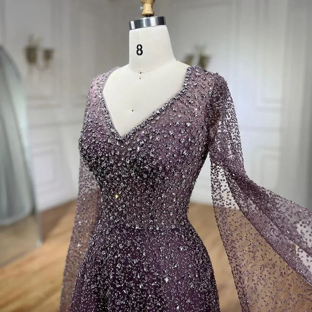 SERENE HILL Customized Arabic Purple Luxury Beaded A-Line Evening Dress 2025 Cape Sleeves Women Wedding Party Gown CLA72147A