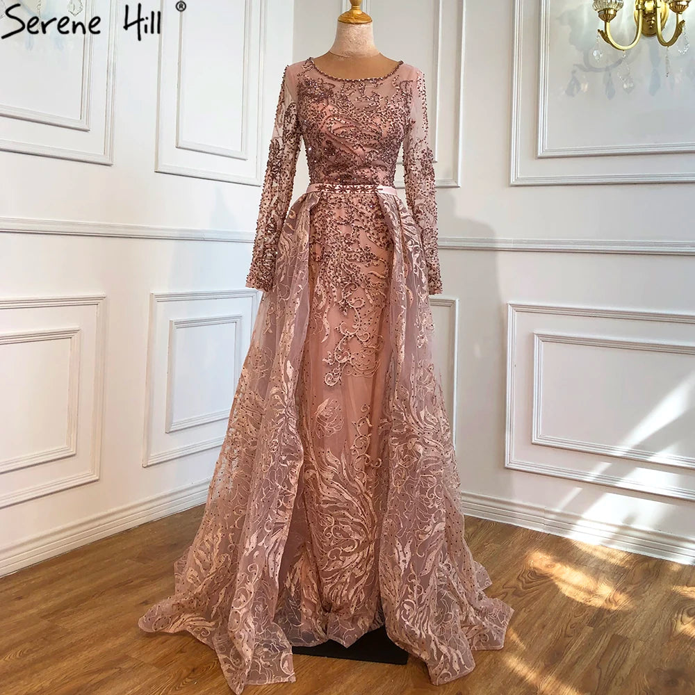 Serene Hill Muslim Blue Lace Beaded Luxury Evening Dresses Gowns O-Neck Mermaid Elegant 2025 For Women Party Plus Size LA70834