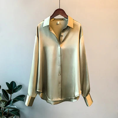 Office Lady Satin Blouse – Women’s Long Sleeve Elegant Shirt, Korean Designer Style UK
