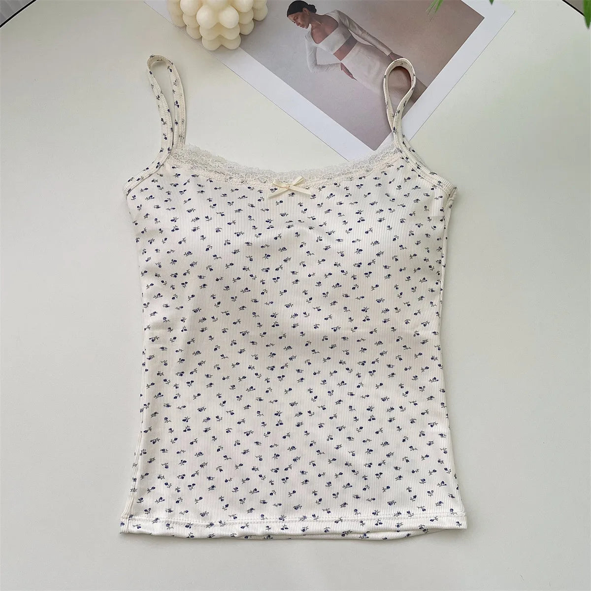 Summer Print Crop Tops for Women – Bow Lace Camisole, Sexy Backless Tank Top Y2K Streetwear