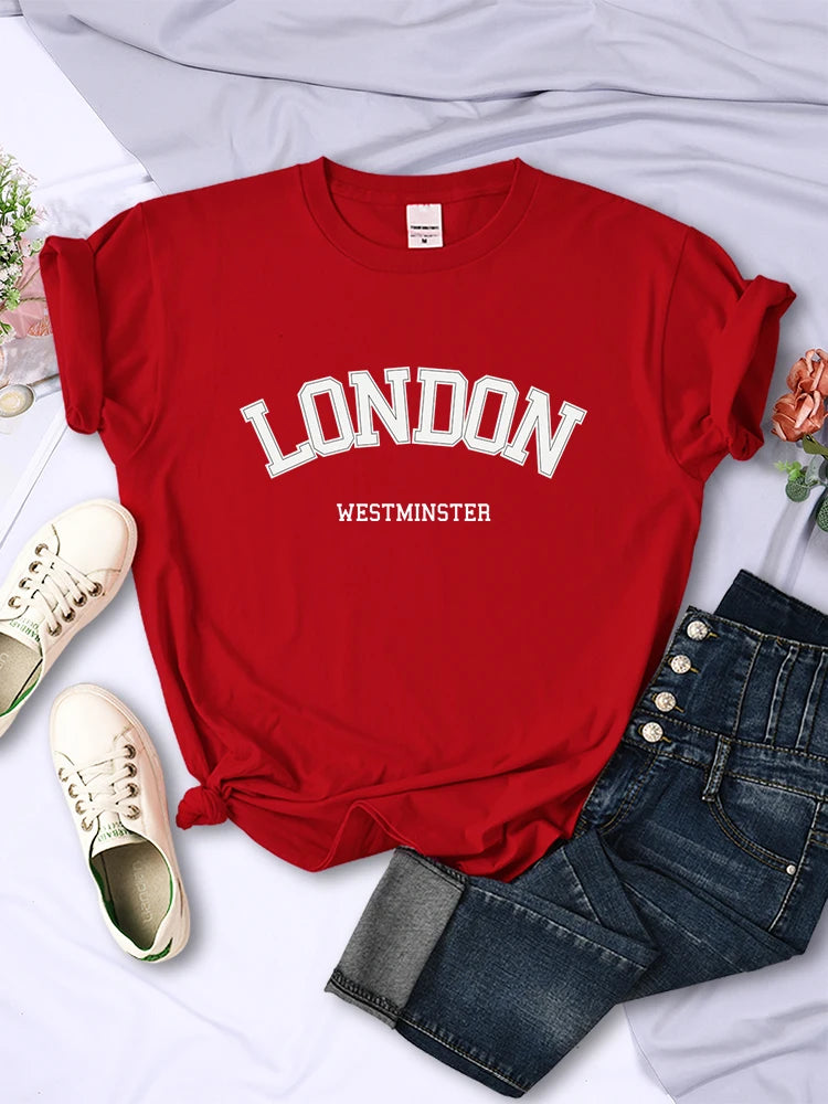 London Westminster Street Letter Tshirt Women Summer Breathable Crop Top Casual Sport Tee Clothes Sweat Cool Soft T-Shirt Female