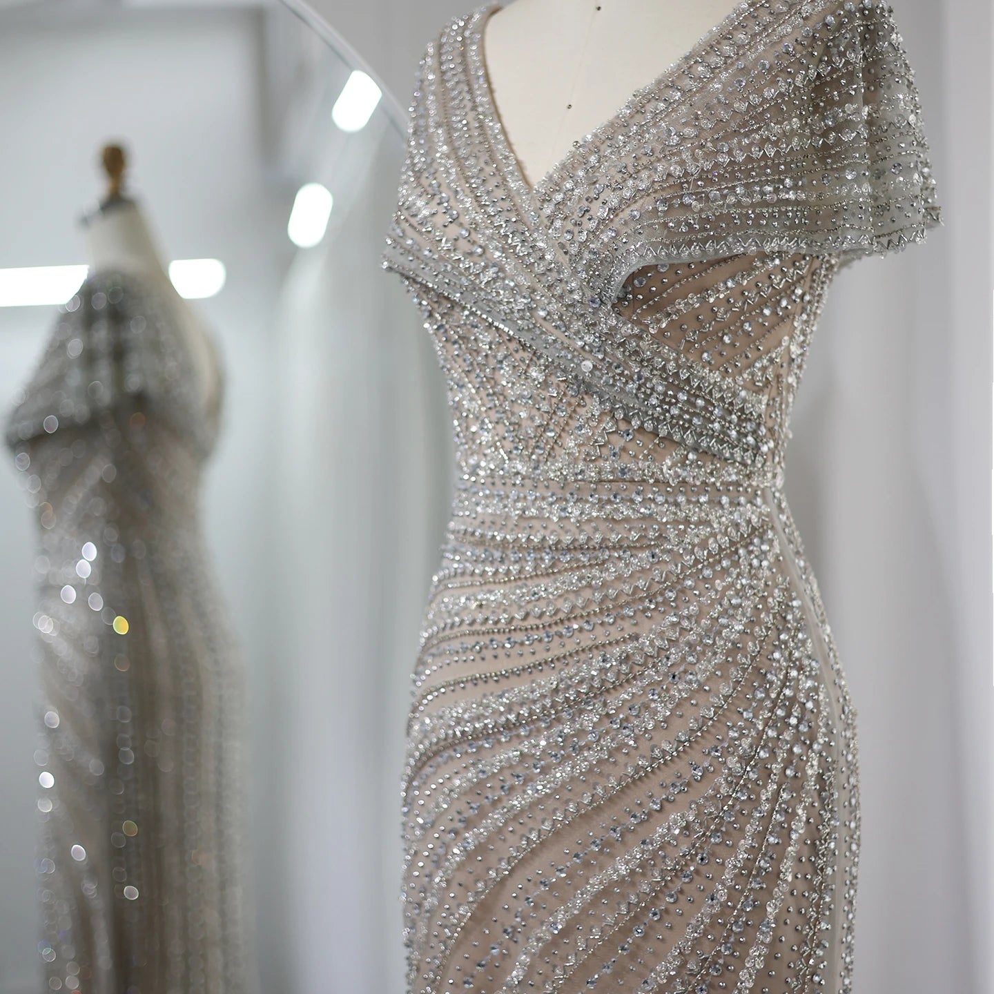 Sharon Said Luxury Dubai Silver Nude Mermaid Evening Dress for Women Wedding Cap Sleeve Arab Formal Party Gowns SS045 Customized