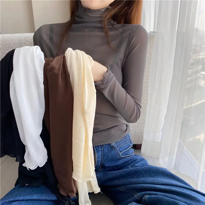 Women’s Sheer Mesh Turtleneck Top – Sexy Long Sleeve Transparent Slim Tee UK