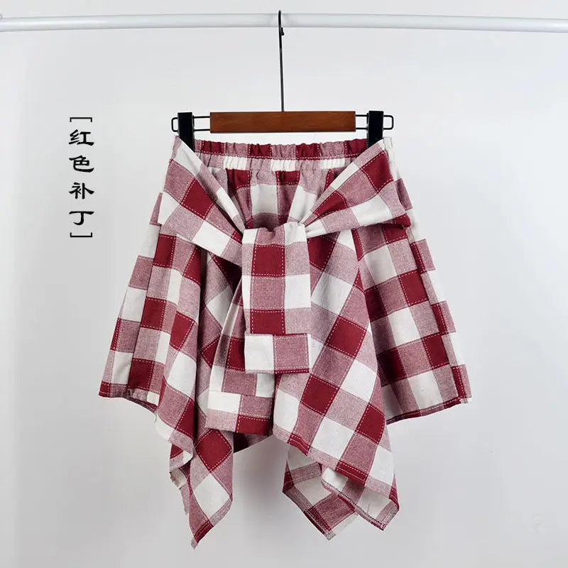 Women Plaid Mini Skirt – Summer Retro Bow Knot Elastic Waist Irregular Short Skirt Blue White